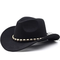 Chapeau de cowboy en feutre de laine noir avec bande de perles pour un look hivernal élégant - M (56-58 cm) Réglable / Noir