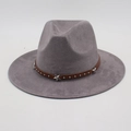 Close-up of gray fedora with brown leather band featuring silver stars and metal studs - One Size / Gray