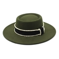 Detail of dark green flat top felt hat with elegant pearl-beaded black ribbon trim - Army Green