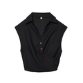 Top a portafoglio senza maniche in lino nero da donna con scollo a V e bottoni in legno - XS / Top Nero