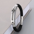 Men's black braided leather bracelet with silver stainless steel and steel wire inlay - Wire Rope Style Silver (KB163603-KFC)