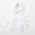 Solid white breathable slub cotton long scarf with delicate fringe edges - White