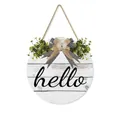 Round white wooden Hello sign with burlap bow and greenery for farmhouse wall decor - 28x28x0.5cm / White Wood Grain Style (M80549Q)