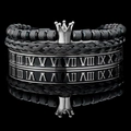 Three-piece black men's jewelry set with crown bead bracelet and Roman numeral cuff - Black Crown Roman Bangle Enamel