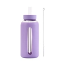 Purple 800ml glass water bottle with silicone sleeve, straw, and time markers - Taro Purple