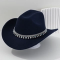 Navy blue cowboy hat featuring silver fringe chain with colorful aurora rhinestones - Navy Blue