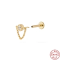 Gold plated S925 sterling silver flat back labret stud earring with crystal and gold chain - #17 Chain Solitaire / Gold