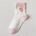 Women's crew socks with pink strawberry patterns and dots on a creamy white cotton fabric - Milk Strawberry