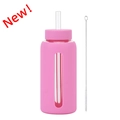Pink 800ml glass water bottle with silicone sleeve, straw and cleaning brush set - Rose Red (New)