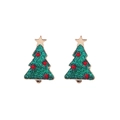 Macro detail of Christmas tree earrings with green glitter and red rhinestones - Sequin Christmas Tree