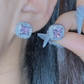 Pink cushion cut halo stud earrings in S925 sterling silver worn by a model - Pink Diamond Large Square Earrings Tz-40