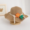 Detail of kids straw sun hat featuring orange flower, lace ribbon, and scalloped edges - Kids One Size / Brown / Hat Only