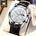 Quartz men watch with silver steel case, white moon phase dial and black leather strap - Silver Case White Dial Black Leather Strap