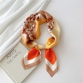Elegant 70x70 silk-feel square scarf with orange leaf print and geometric borders - Semicircle Inlaid Leaf Camel Border