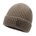 Deep coffee ribbed knit beanie for men with warm fleece lining and leather logo patch - One Size / Deep Beige