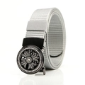 Grey canvas belt for men featuring a black circular buckle with rhinestone cross inlay - Gun F151 Round Rhinestone Cross (Grey)