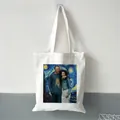 Artistic Van Gogh Starry Night and Mona Lisa collage on white canvas tote bag - Art Mashup Print