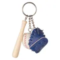 Mini sports keychain set featuring natural wood bat, white ball, and blue leather glove - Blue