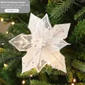 Sparkling white mesh poinsettia flower with silver sequins for Christmas tree decor - White