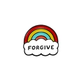 Detail of a rainbow enamel pin with white clouds and black Forgive lettering - FORGIVE Rainbow Cloud