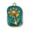 French vintage enamel sunflower pendant in teal mesh pattern with pearl center - Dark Blue Square Sunflower Leaf-22113