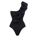 Detail of elegant black one-shoulder swimsuit with large 3D ruffle trim and textured fabric - S / Swimsuit Only (Black)