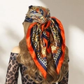 Elegant satin headscarf with orange border and navy blue paisley floral patterns - Red & Navy