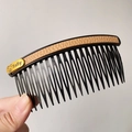 Brown leather bear hair comb with golden relief detail and black teeth for women - Khaki