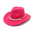 Fuchsia felt western cowboy hat with wide brim and elegant white pearl flower headband - M (56-58cm) / Rose Red