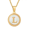 18K gold plated titanium steel coin necklace with letter L and white shell inlay - Gold Letter L
