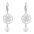 Silver four-leaf clover drop earrings with white pearl pendants on white background - Silver Four-leaf Clover (KE80015-GC)