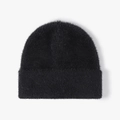 Gorro de punto negro de hilo de plumas con textura esponjosa y dobladillo ancho - Negro