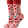 Pink mid-calf socks with red cherry pattern and ribbed cuffs on white background - Pink Cherry