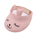 Pink straw sun hat for children with rabbit ears and cute cartoon embroidery - Cat Embroidery / Pink