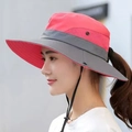 Detail of pink sun hat with wide brim, breathable mesh, and practical ponytail hole - M (56-58cm) / Watermelon red