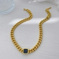 Chunky gold chain necklace featuring a vintage square black onyx pendant for women - Cuban Black Tag Necklace (K6170) / Gold