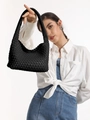 Chic black wide-weave woven hobo bag with thick matte texture for daily wear - Shoulder Bag Set / Black