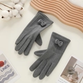 Gants tactiles gris pour femmes avec décoration de nœud et doublure chaude - Nœud Double Ligne - Poil de Lapin Gris