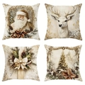 Vintage Christmas pillow cover set featuring Santa and reindeer designs in beige and gold - European Classical Santa Claus Set