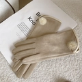 Beige faux suede thermal winter gloves for women with decorative fur pom-poms - Pom Pom / Apricot