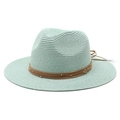 Close-up of light blue Panama straw hat featuring brown leather cord and gold beads - Mint Green