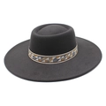 Detail of wool felt fedora with a bohemian geometric woven band on a flat brim - M (56-58cm) / Dark Gray