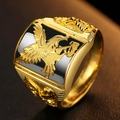 Detailed view of adjustable gold ring featuring bird relief and black enamel inlay - Open Bird Phoenix Relief(KJZ046XS)