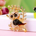 Golden owl keychain with white and black rhinestones on a metal branch pendant - A430 Owl J Black