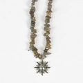 Irregular grey and brown stone bead necklace featuring a vintage silver sun pendant charm - Labradorite Sun