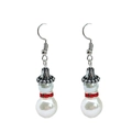 Close-up of Christmas snowman earrings with white faux pearl and red rhinestone accents - Pearl and Red Rhinestone Snowman
