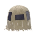 Berretto in maglia kaki effetto invecchiato con toppe in denim e bordi sfrangiati trendy - M (56-58cm) / Cachi