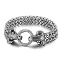 Vintage braided men's bracelet with antique silver double ram heads and steel ring clasp - Double Ram Head Style (KB144595-KJX)
