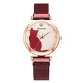 Fashionable women's quartz watch with rose gold case, cat silhouette dial, and red mesh band - Watch Only / Red