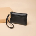 Mini porte-monnaie noir motif litchi avec doubles fermetures éclair dorées et dragonne - 12.5cm*8cm / Noir